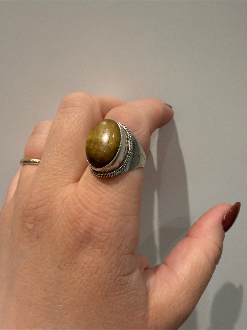 Sterling Silver Ring with Olive Green Tiger's Eye Stone